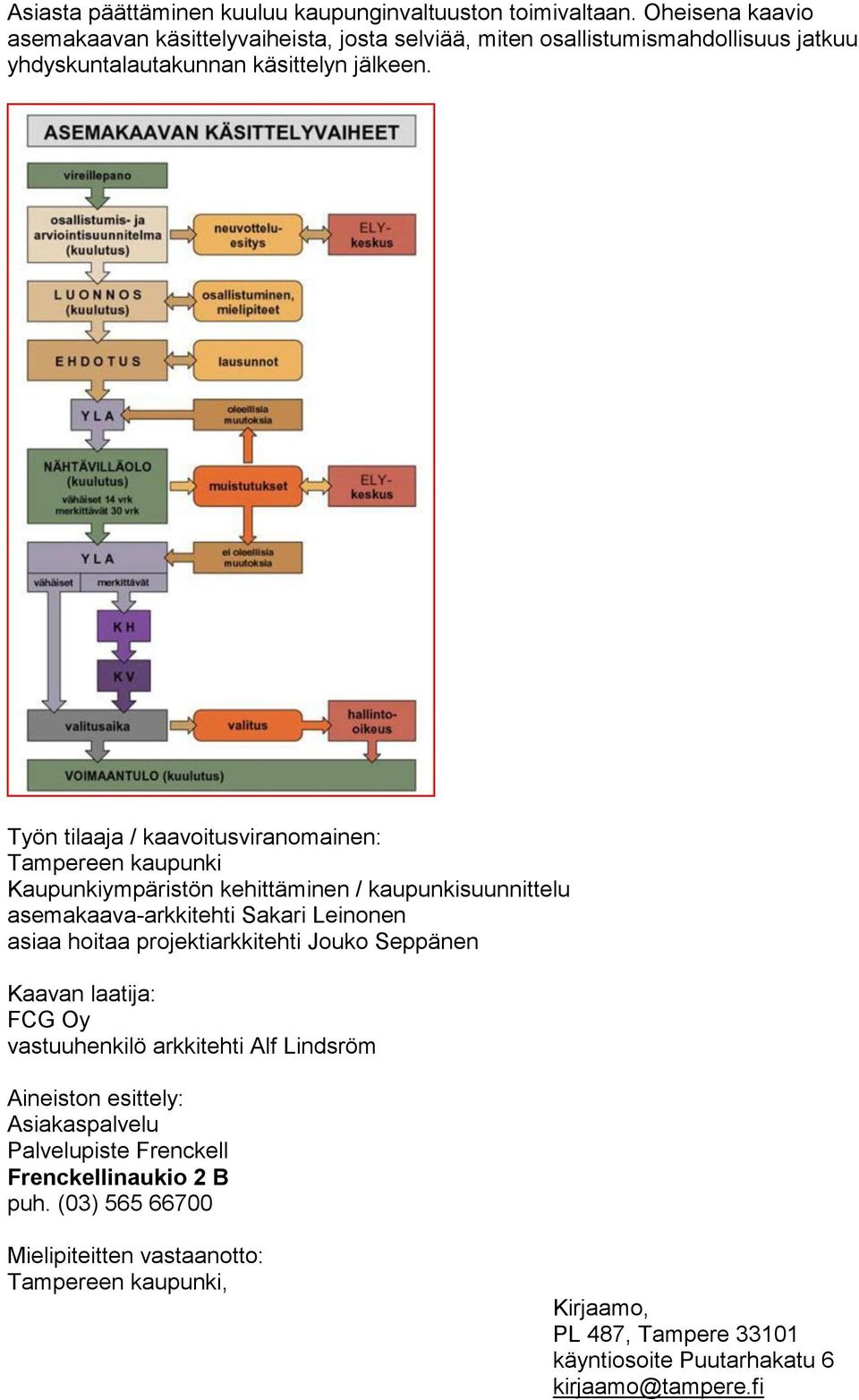 Työn tilaaja / kaavoitusviranomainen: Tampereen kaupunki Kaupunkiympäristön kehittäminen / kaupunkisuunnittelu asemakaava-arkkitehti Sakari Leinonen asiaa hoitaa