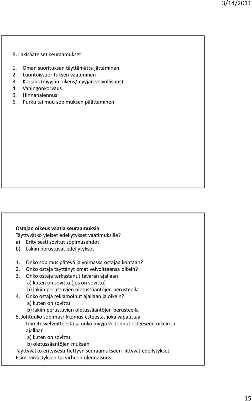 Onko sopimus pätevä ja voimassa ostajaa kohtaan? 2. Onko ostaja täyttänyt omat velvoitteensa oikein? 3.