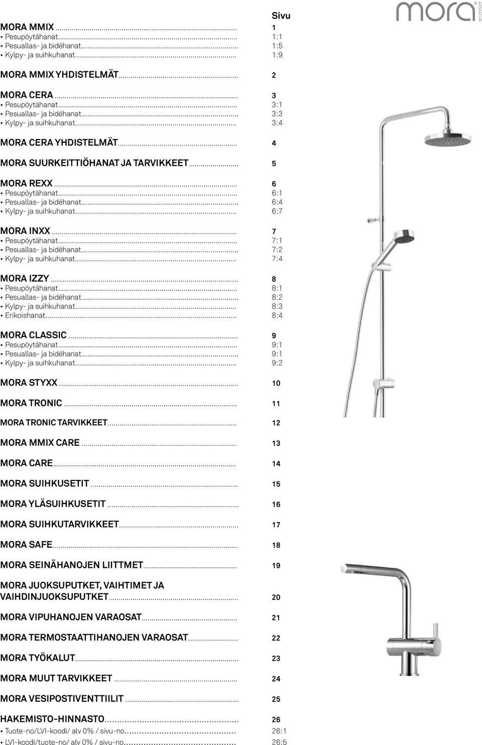 .. 6:7 MORA INXX... 7 Pesupöytähanat... 7:1 Pesuallas- ja bidéhanat... 7:2 Kylpy- ja suihkuhanat... 7:4 MORA IZZY... 8 Pesupöytähanat... 8:1 Pesuallas- ja bidéhanat... 8:2 Kylpy- ja suihkuhanat.