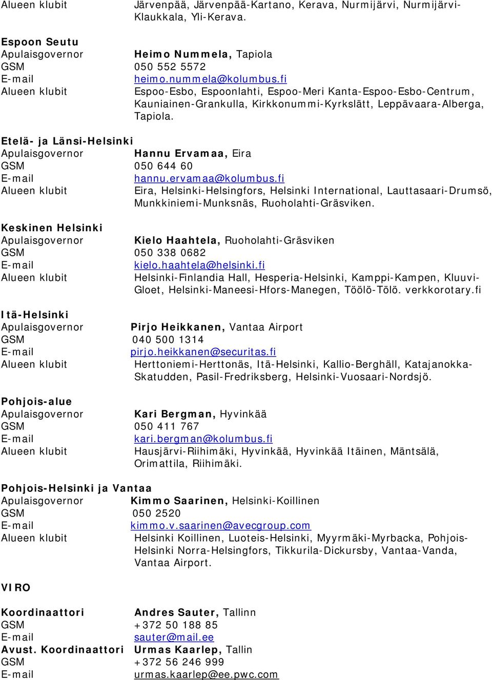 Etelä- ja Länsi-Helsinki Apulaisgovernor Hannu Ervamaa, Eira GSM 050 644 60 hannu.ervamaa@kolumbus.