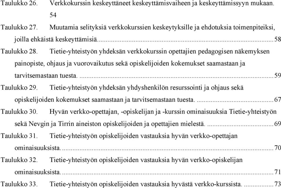 Tietie-yhteistyön yhdeksän verkkokurssin opettajien pedagogisen näkemyksen painopiste, ohjaus ja vuorovaikutus sekä opiskelijoiden kokemukset saamastaan ja tarvitsemastaan tuesta.... 59 Taulukko 29.