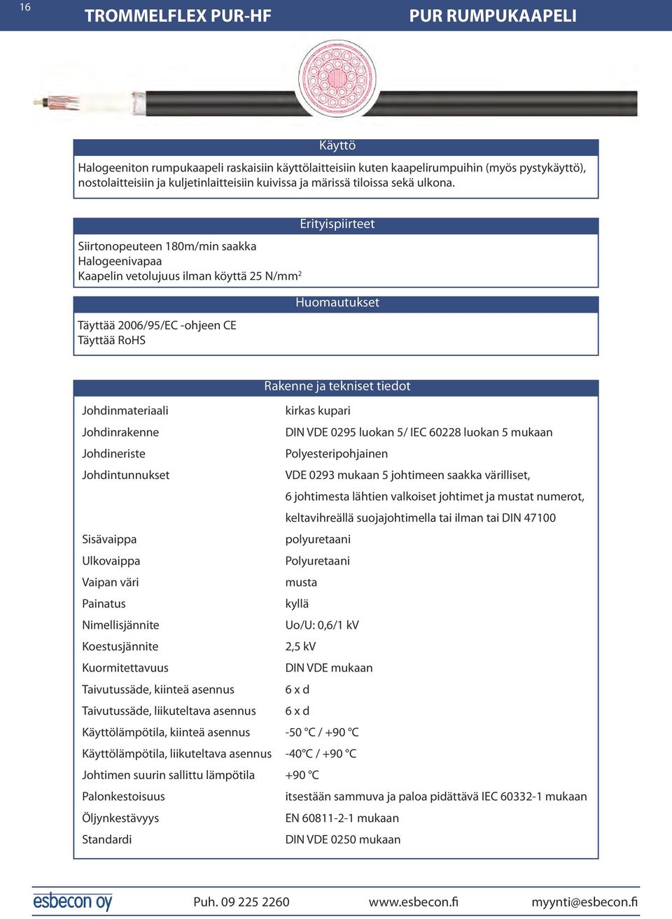 Siirtonopeuteen 180m/min saakka Halogeenivapaa Kaapelin vetolujuus ilman köyttä 25 N/mm 2 Erityispiirteet Täyttää 2006/95/EC -ohjeen CE Täyttää RoHS Huomautukset Rakenne ja tekniset tiedot