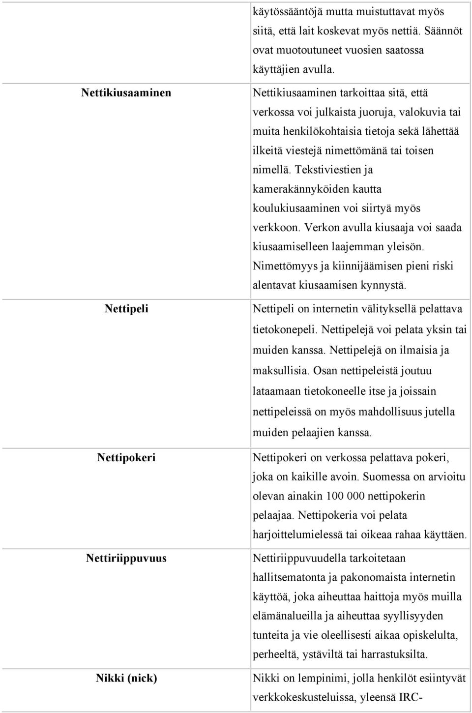 ilkeitä viestejä nimettömänä tai toisen nimellä. Tekstiviestien ja kamerakännyköiden kautta koulukiusaaminen voi siirtyä myös verkkoon.