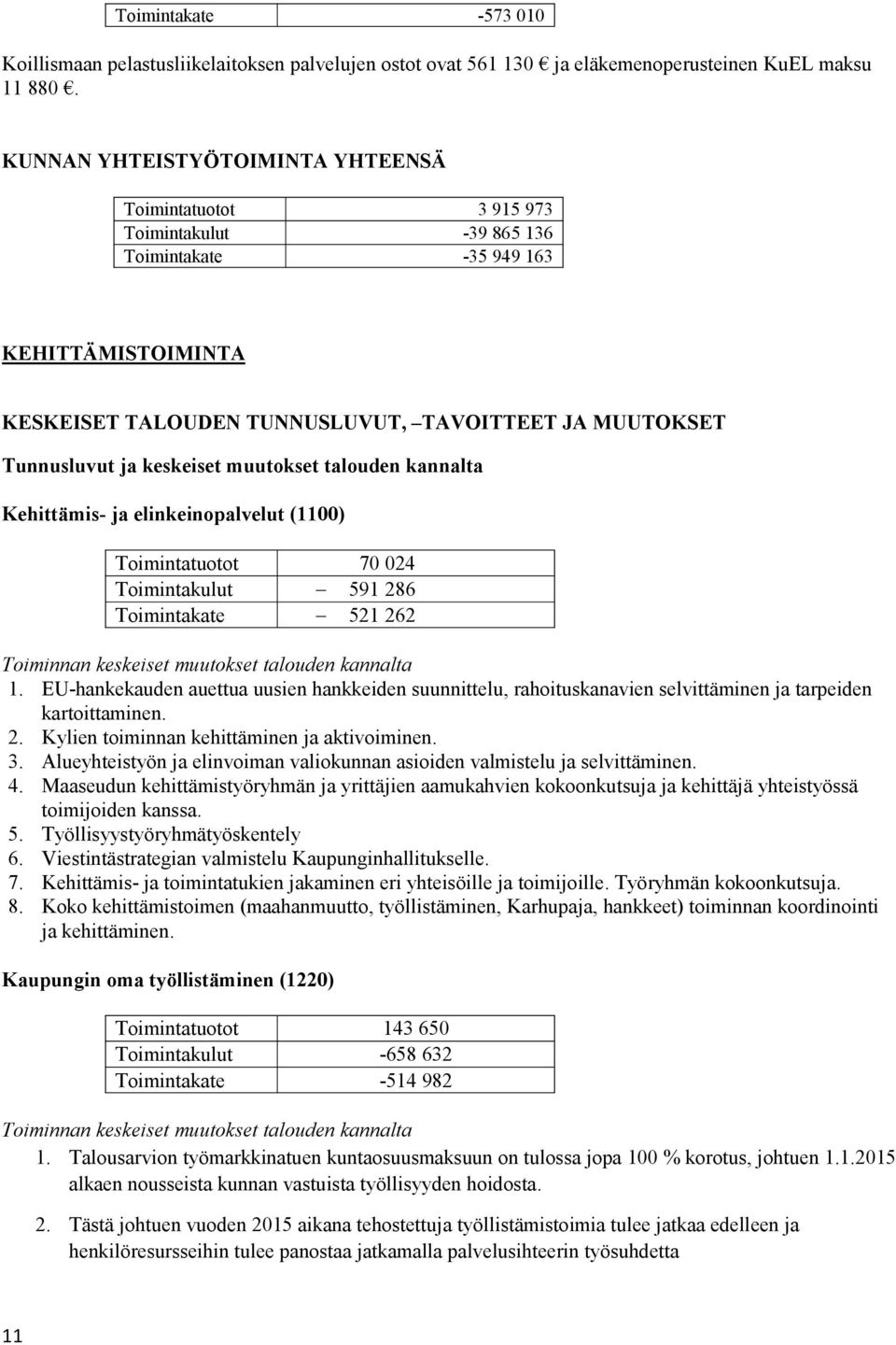 keskeiset muutokset talouden kannalta Kehittämis- ja elinkeinopalvelut (1100) Toimintatuotot 70 024 Toimintakulut 591 286 Toimintakate 521 262 1.