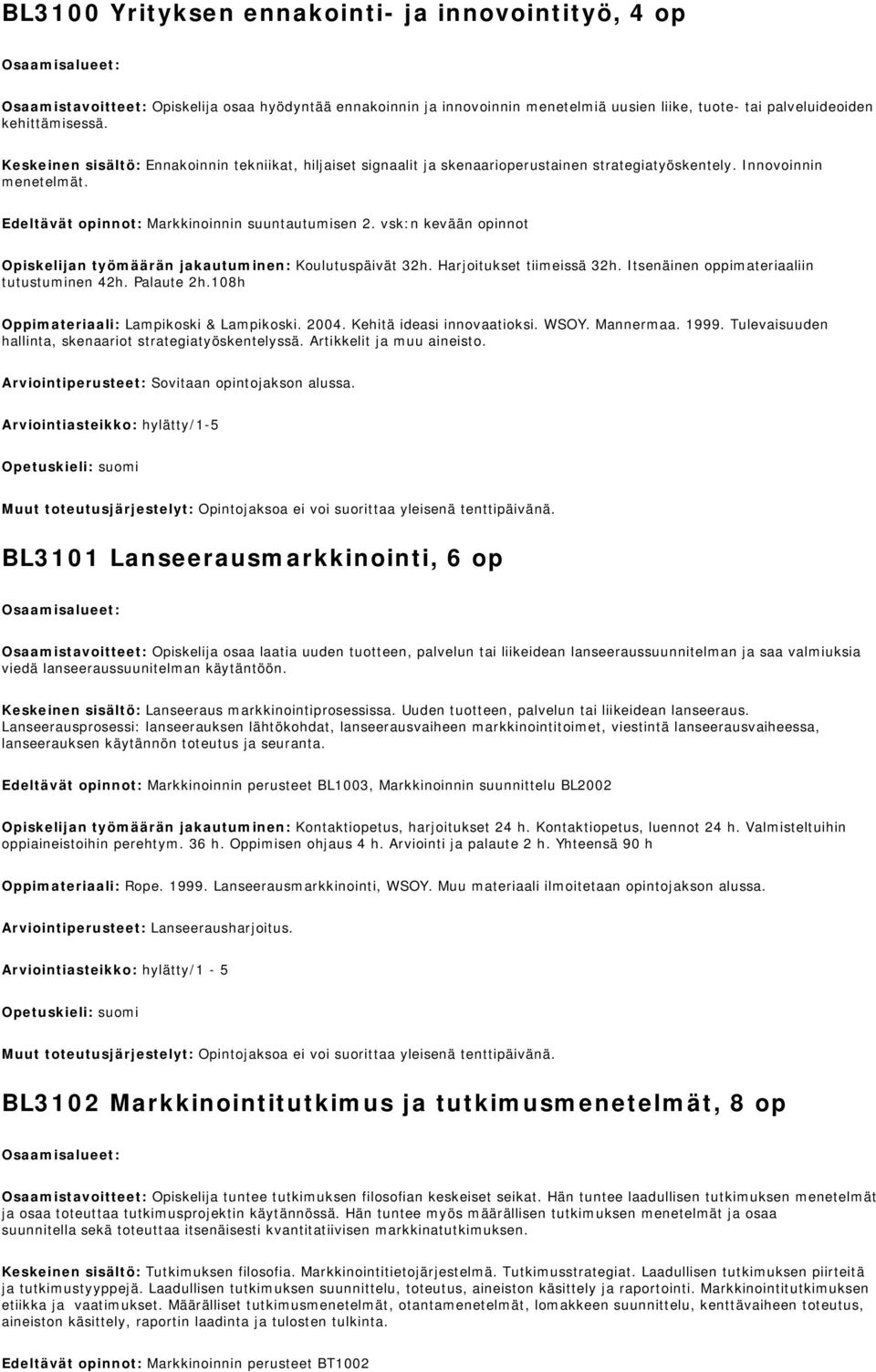 vsk:n kevään opinnot Opiskelijan työmäärän jakautuminen: Koulutuspäivät 32h. Harjoitukset tiimeissä 32h. Itsenäinen oppimateriaaliin tutustuminen 42h. Palaute 2h.108h Lampikoski & Lampikoski. 2004.