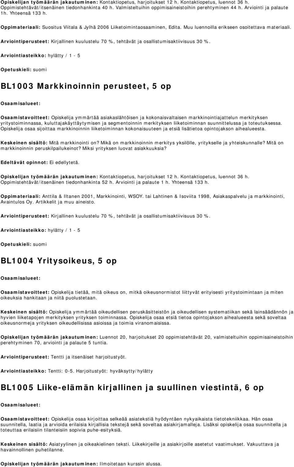 Muu luennoilla erikseen osoitettava materiaali. Arviointiperusteet: Kirjallinen kuulustelu 70 %, tehtävät ja osallistumisaktiivisuus 30 %.