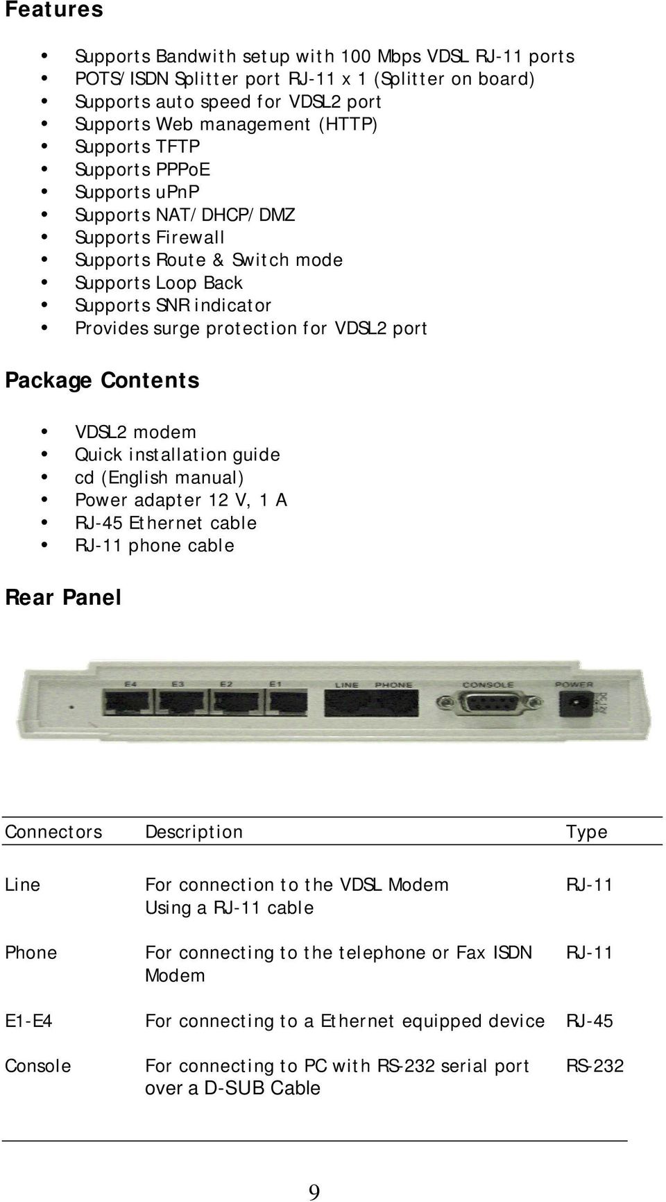 VDSL2 modem Quick installation guide cd (English manual) Power adapter 12 V, 1 A RJ-45 Ethernet cable RJ-11 phone cable Rear Panel Connectors Description Type Line For connection to the VDSL Modem