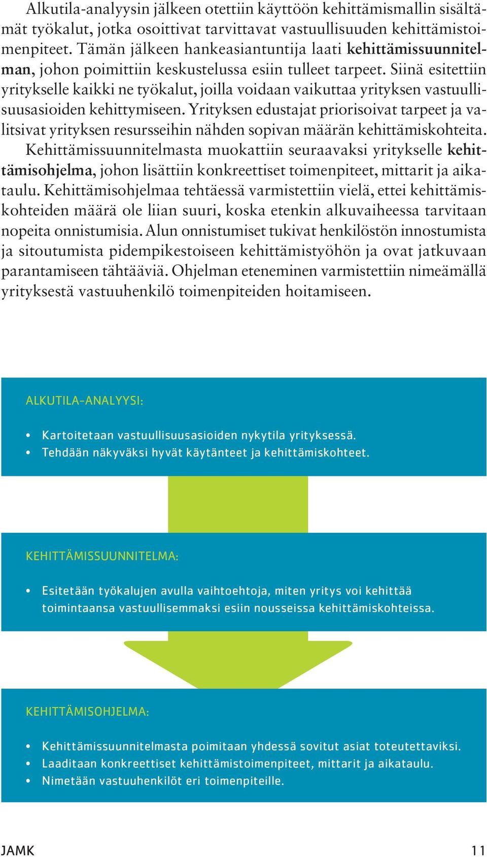 Siinä esitettiin yritykselle kaikki ne työkalut, joilla voidaan vaikuttaa yrityksen vastuullisuusasioiden kehittymiseen.