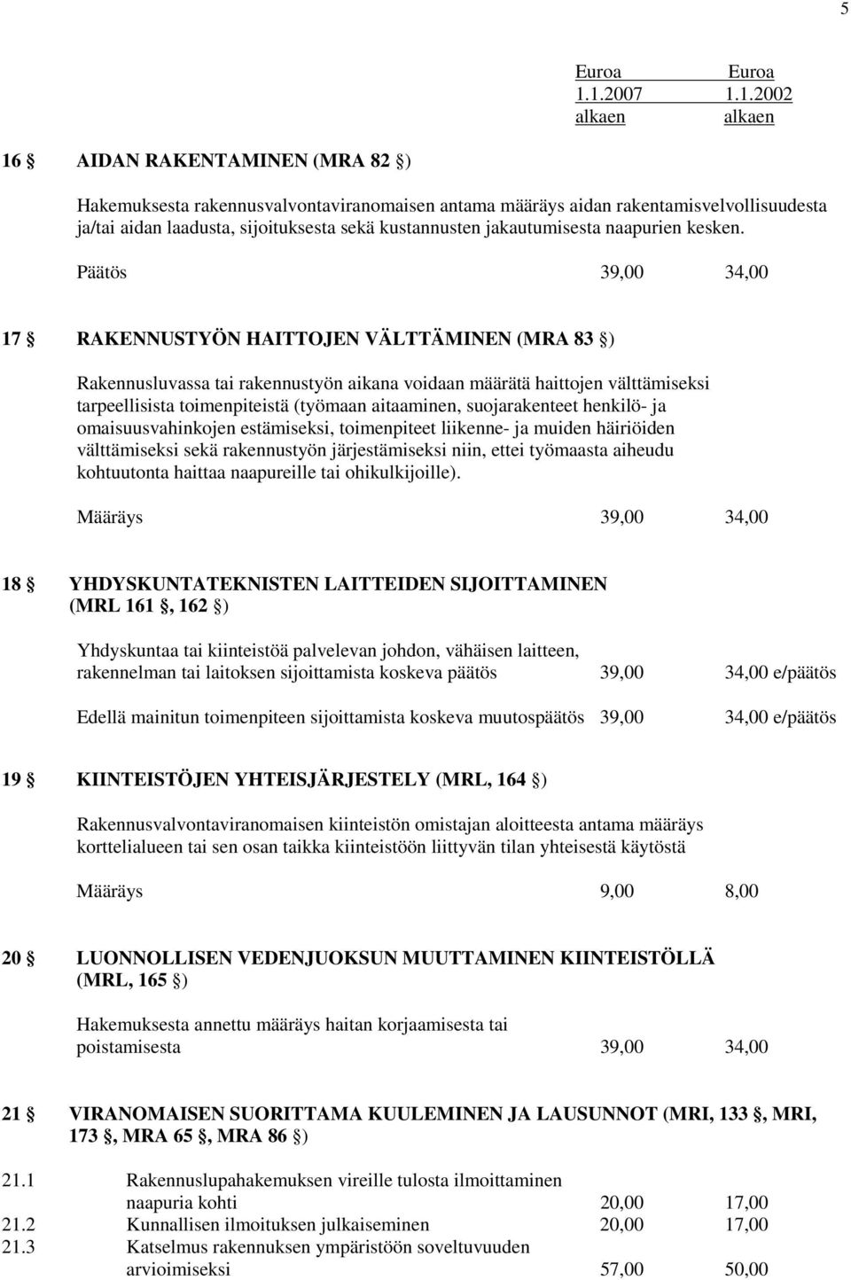 Päätös 39,00 34,00 17 RAKENNUSTYÖN HAITTOJEN VÄLTTÄMINEN (MRA 83 ) Rakennusluvassa tai rakennustyön aikana voidaan määrätä haittojen välttämiseksi tarpeellisista toimenpiteistä (työmaan aitaaminen,