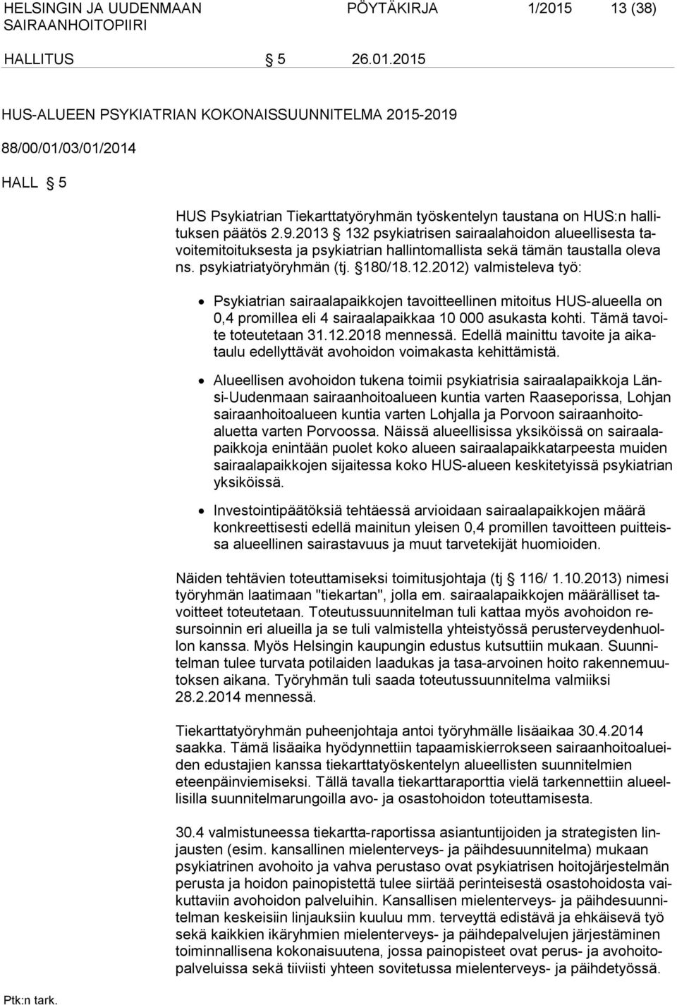 88/00/01/03/01/2014 HALL 5 HUS Psykiatrian Tiekarttatyöryhmän työskentelyn taustana on HUS:n hallituksen päätös 2.9.