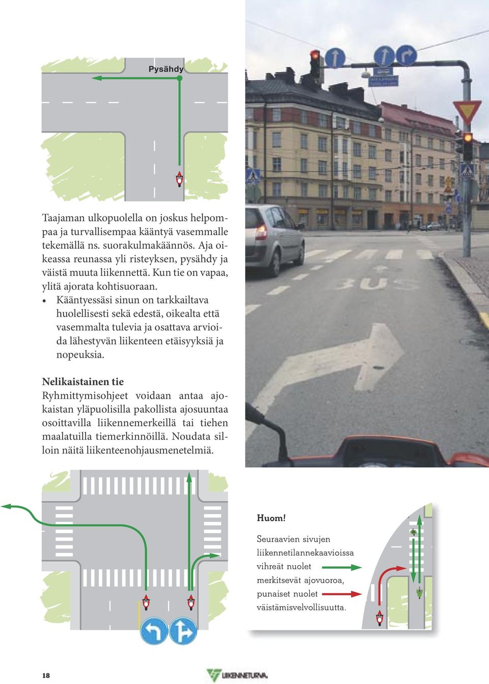 Kääntyessäsi sinun on tarkkailtava huolellisesti sekä edestä, oikealta että vasemmalta tulevia ja osattava arvioida lähestyvän liikenteen etäisyyksiä ja nopeuksia.