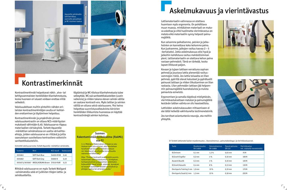 Kontrastimerkinnän ja ympäröivän pinnan valoisuuskontrastin on oltava NCS-määritysten mukaisesti vähintään 0,40. Valoisuusarvo riippuu materiaalien värisävyistä.