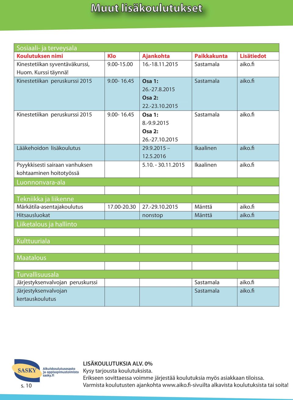 9.2015 Ikaalinen aiko.fi 12.5.2016 Psyykkisesti sairaan vanhuksen 5.10. - 30.11.2015 Ikaalinen aiko.fi kohtaaminen hoitotyössä Luonnonvara-ala Tekniikka ja liikenne Märkätila-asentajakoulutus 17.