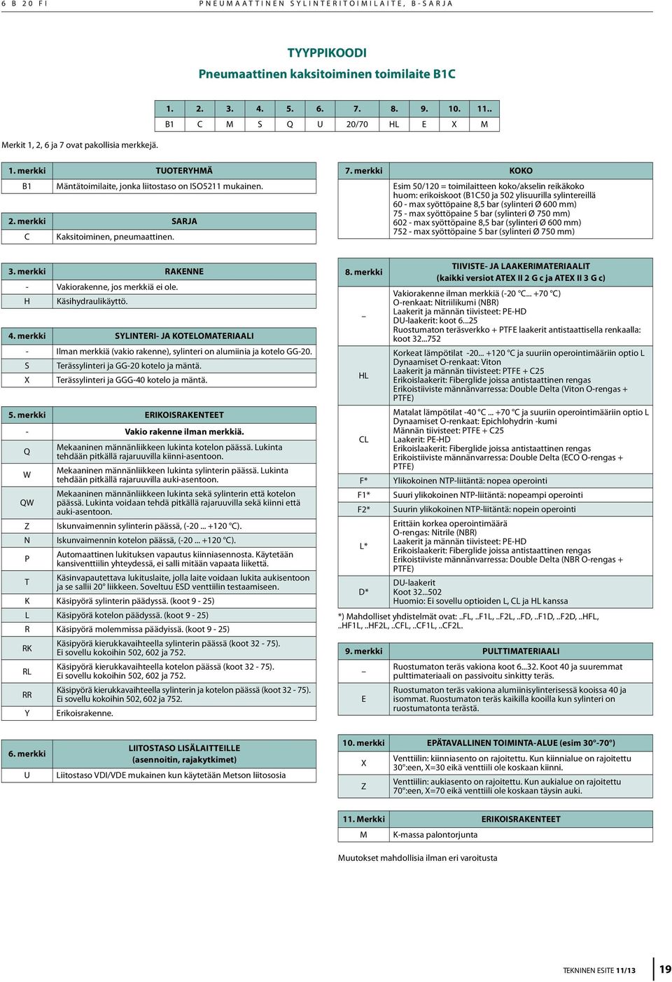 ovat pakollisia merkkejä. 1. TUOTERYHMÄ B1 Mäntätoimilaite, jonka liitostaso on ISO5211 mukainen. 2. SARJA C Kaksitoiminen, pneumaattinen. 7.