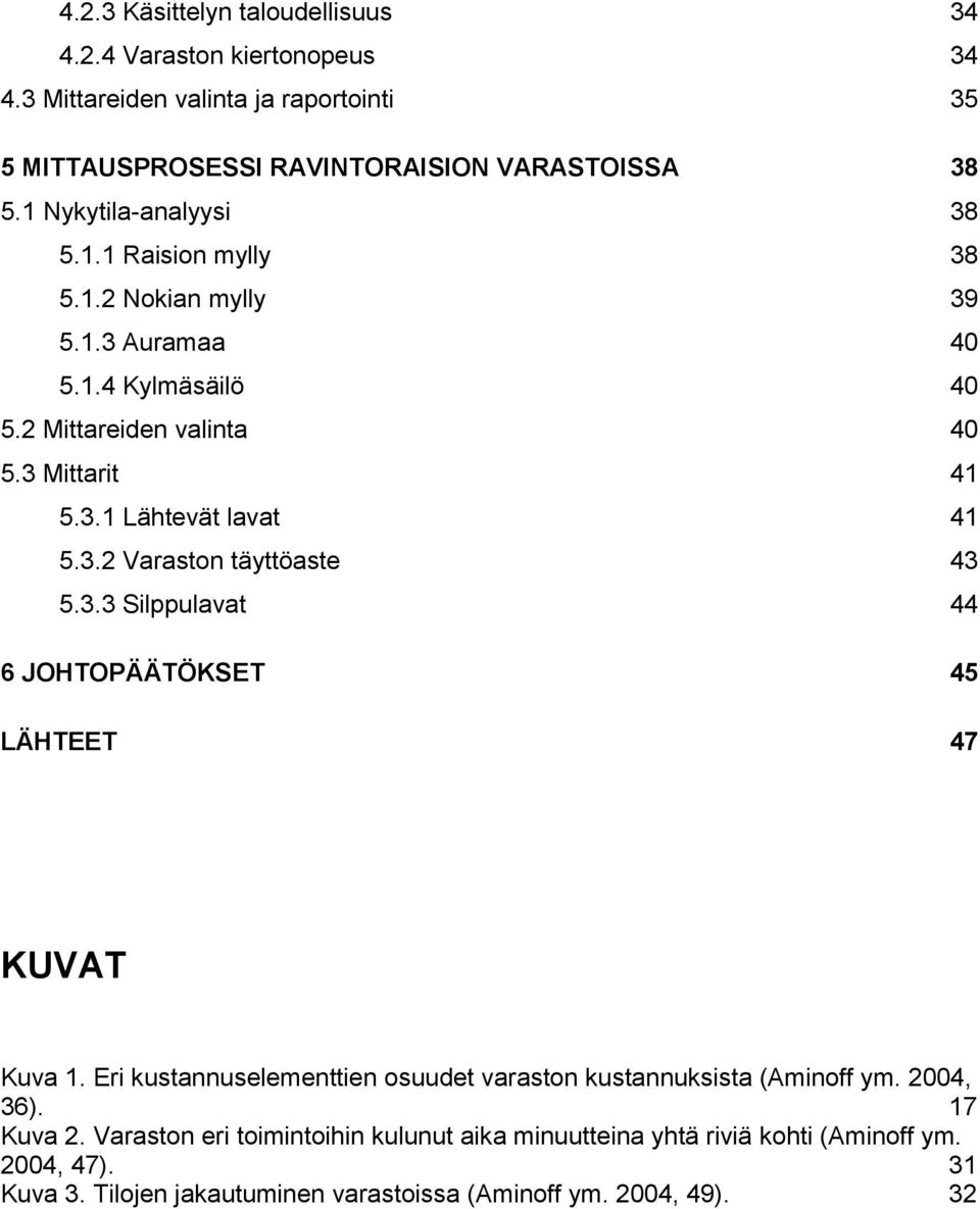 3.2 Varaston täyttöaste 43 5.3.3 Silppulavat 44 6 JOHTOPÄÄTÖKSET 45 LÄHTEET 47 KUVAT Kuva 1. Eri kustannuselementtien osuudet varaston kustannuksista (Aminoff ym.