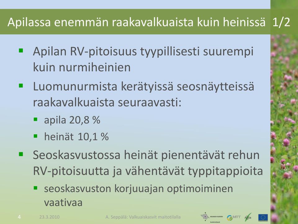 seuraavasti: apila 20,8 % heinät 10,1 % Seoskasvustossa heinät pienentävät rehun