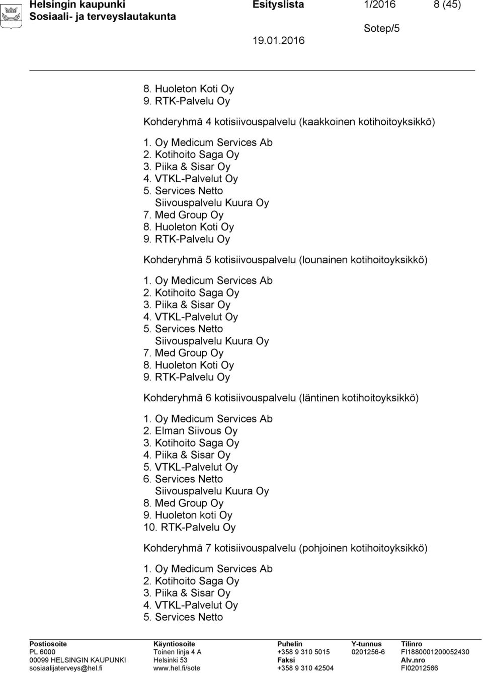 RTK-Palvelu Oy Kohderyhmä 5 kotisiivouspalvelu (lounainen kotihoitoyksikkö) 1. Oy Medicum Services Ab 2.  RTK-Palvelu Oy Kohderyhmä 6 kotisiivouspalvelu (läntinen kotihoitoyksikkö) 1.