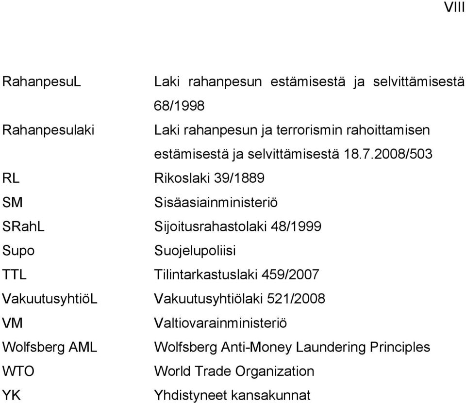 2008/503 RL Rikoslaki 39/1889 SM Sisäasiainministeriö SRahL Sijoitusrahastolaki 48/1999 Supo Suojelupoliisi TTL