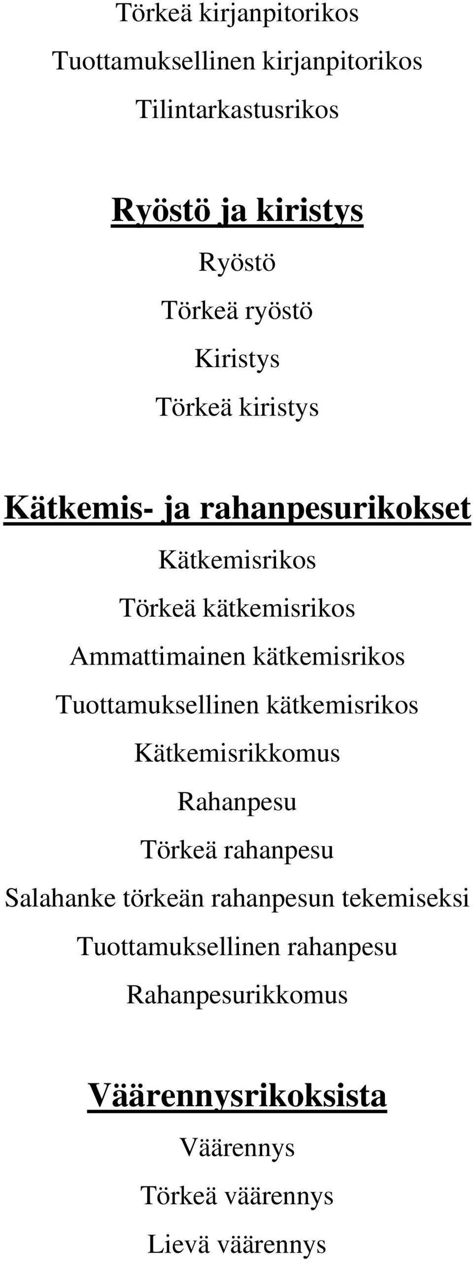 kätkemisrikos Tuottamuksellinen kätkemisrikos Kätkemisrikkomus Rahanpesu Törkeä rahanpesu Salahanke törkeän