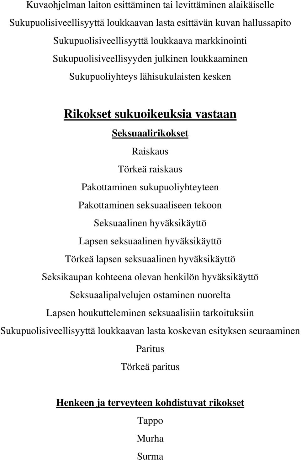 Pakottaminen seksuaaliseen tekoon Seksuaalinen hyväksikäyttö Lapsen seksuaalinen hyväksikäyttö Törkeä lapsen seksuaalinen hyväksikäyttö Seksikaupan kohteena olevan henkilön hyväksikäyttö