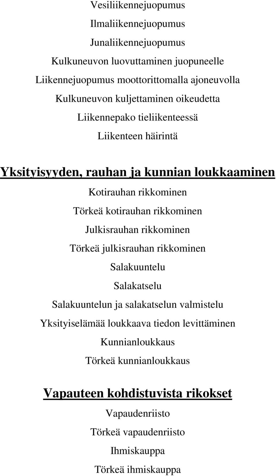 kotirauhan rikkominen Julkisrauhan rikkominen Törkeä julkisrauhan rikkominen Salakuuntelu Salakatselu Salakuuntelun ja salakatselun valmistelu Yksityiselämää