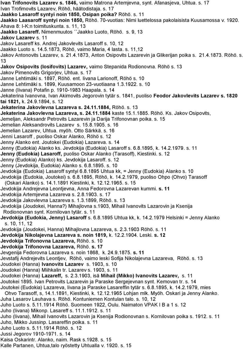 Andrej Jakovlevits Lasaroff s. 10, 12 Jaakko Luoto s. 14.5.1873, Röhö, vaimo Maria, 4 lasta. s. 11,12 Jakov Antonovits Lazarev, s. 21.4.1873, Anton Osipovits Lazarevin ja Glikerijan poika s. 21.4.1873. Röhö. s. 13 Jakov Osipovits (Iosifovits) Lazarev, vaimo Stepanida Rodionovna.