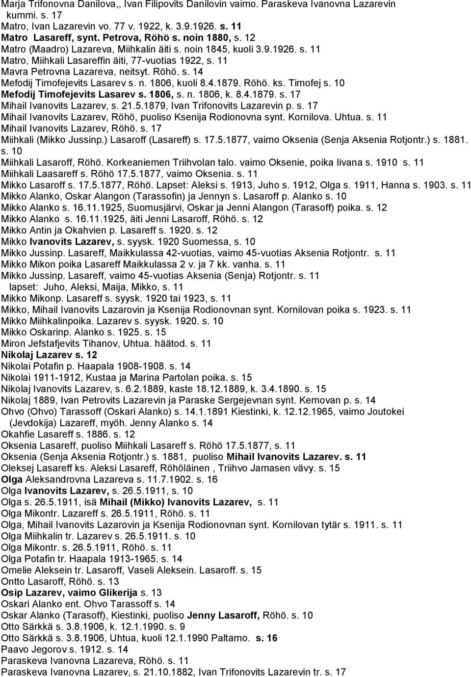 n. 1806, kuoli 8.4.1879. Röhö. ks. Timofej s. 10 Mefodij Timofejevits Lasarev s. 1806, s. n. 1806, k. 8.4.1879. s. 17 Mihail Ivanovits Lazarev, s. 21.5.1879, Ivan Trifonovits Lazarevin p. s. 17 Mihail Ivanovits Lazarev, Röhö, puoliso Ksenija Rodionovna synt.