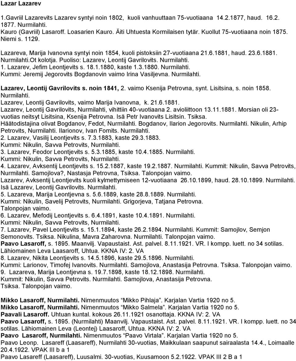 Ot kolotja. Puoliso: Lazarev, Leontij Gavrilovits. Nurmilahti. 1. Lazarev, Jefim Leontjevits s. 18.1.1880, kaste 1.3.1880. Nurmilahti. Kummi: Jeremij Jegorovits Bogdanovin vaimo Irina Vasiljevna.