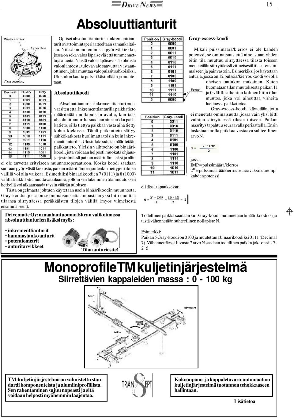 Absoluuttikoodi Absoluuttianturi ja inkrementtianturi eroavat siten että, inkrementtianturilla paikkatieto määritetään nollapulssin avulla, kun taas absoluuttianturilta saadaan aina tarkka