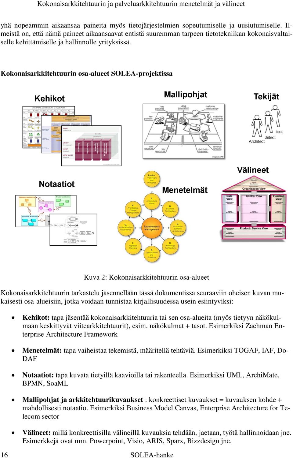 Kokonaisarkkitehtuurin osa-alueet SOLEA-projektissa Kehikot Mallipohjat Tekijät Notaatiot Menetelmät Välineet Kuva 2: Kokonaisarkkitehtuurin osa-alueet Kokonaisarkkitehtuurin tarkastelu jäsennellään