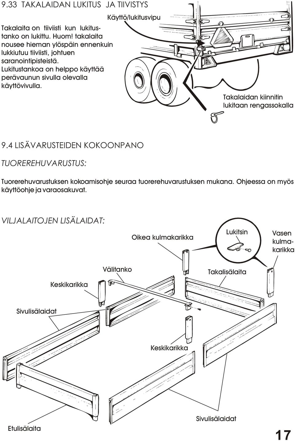 Lukitustankoa on helppo käyttää perävaunun sivulla olevalla käyttövivulla. Käyttö/lukitusvipu Takalaidan kiinnitin lukitaan rengassokalla 9.