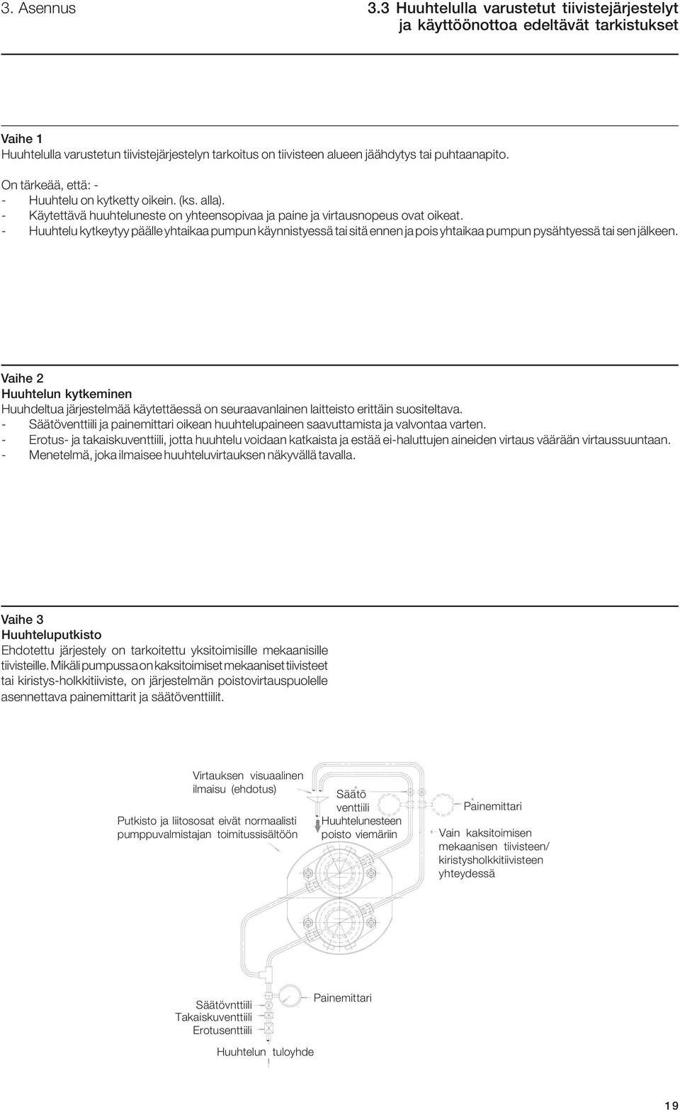 On tärkeää, että: - - Huuhtelu on kytketty oikein. (ks. alla). - Käytettävä huuhteluneste on yhteensopivaa ja paine ja virtausnopeus ovat oikeat.