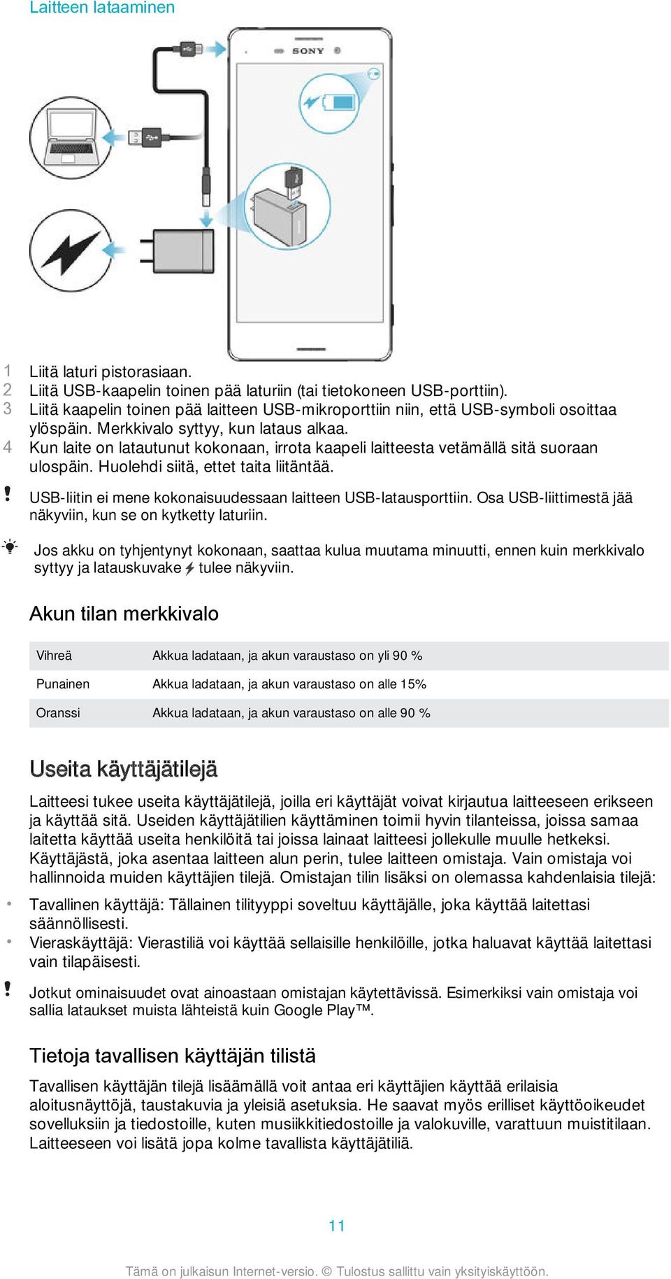 4 Kun laite on latautunut kokonaan, irrota kaapeli laitteesta vetämällä sitä suoraan ulospäin. Huolehdi siitä, ettet taita liitäntää. USB-liitin ei mene kokonaisuudessaan laitteen USB-latausporttiin.