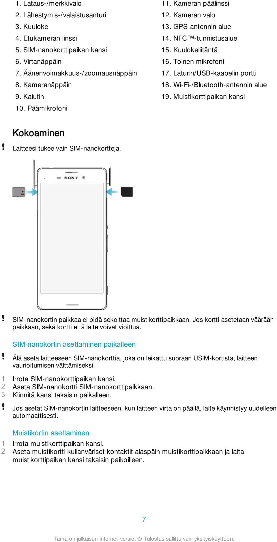 Wi-Fi-/Bluetooth-antennin alue 19. Muistikorttipaikan kansi Kokoaminen Laitteesi tukee vain SIM-nanokortteja. SIM-nanokortin paikkaa ei pidä sekoittaa muistikorttipaikkaan.