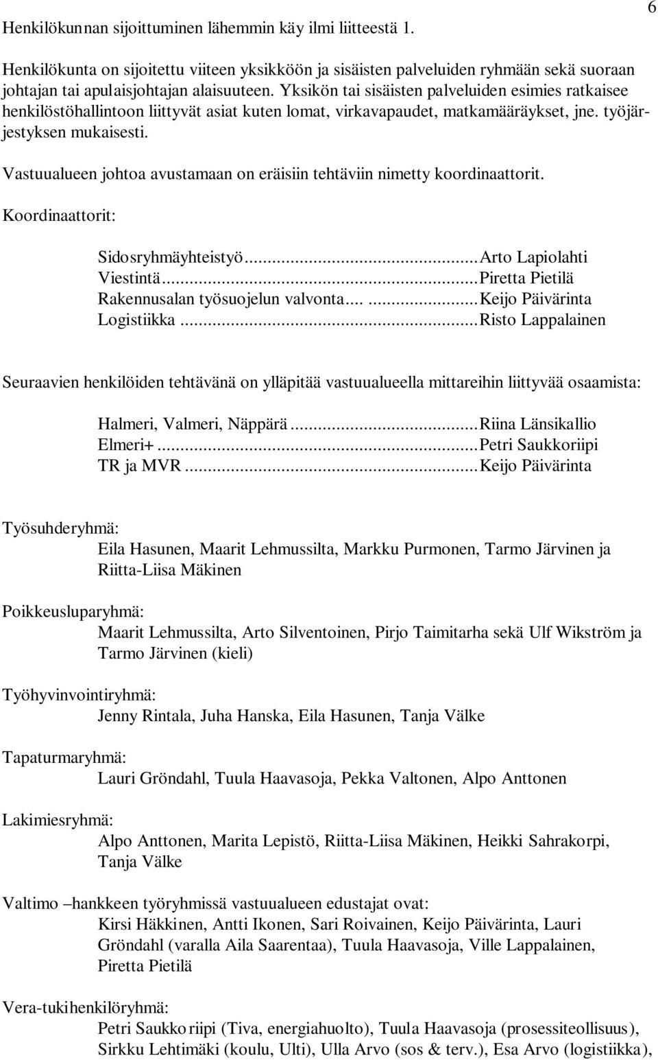 Vastuualueen johtoa avustamaan on eräisiin tehtäviin nimetty koordinaattorit. Koordinaattorit: Sidosryhmäyhteistyö... Arto Lapiolahti Viestintä... Piretta Pietilä Rakennusalan työsuojelun valvonta.