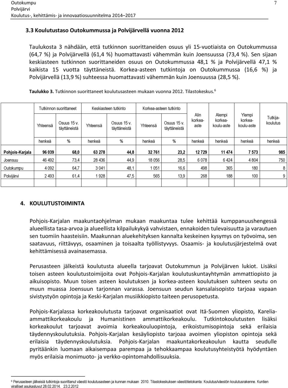 Korkea-asteen tutkintoja on Outokummussa (16,6 %) ja Polvijärvellä (13,9 %) suhteessa huomattavasti vähemmän kuin Joensuussa (28,5 %). Taulukko 3.
