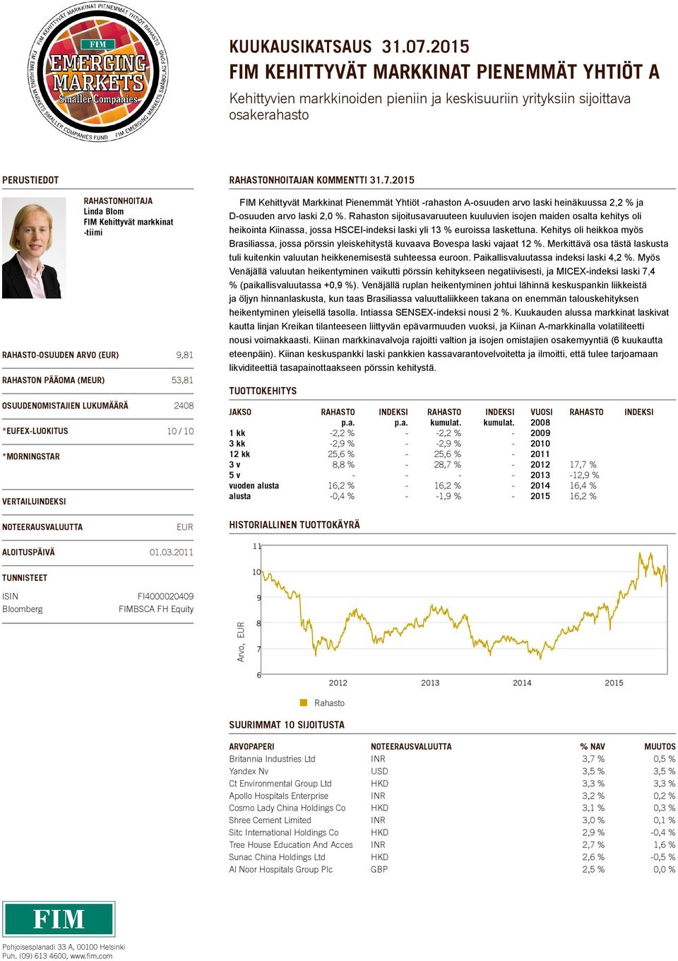 RAHASTOOSUUDEN ARVO (EUR) 9,81 RAHASTON PÄÄOMA (MEUR) 53,81 OSUUDENOMISTAJIEN LUKUMÄÄRÄ 248 *EUFEXLUOKITUS 1 / 1 *MORNINGSTAR VERTAILUINDEKSI N KOMMENTTI 31.7.