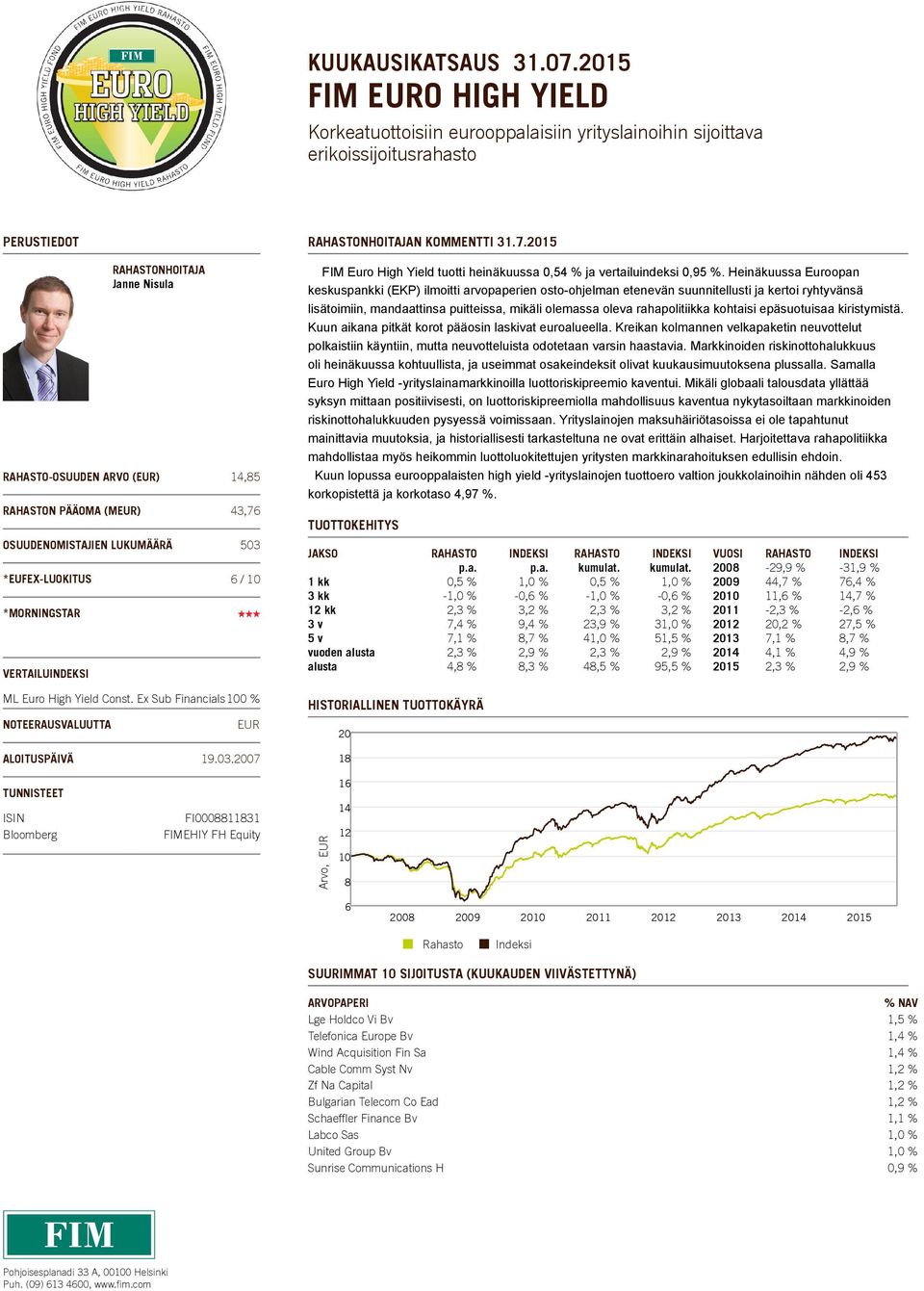 OSUUDENOMISTAJIEN LUKUMÄÄRÄ 53 *EUFEXLUOKITUS 6 / 1 *MORNINGSTAR VERTAILUINDEKSI ML Euro High Yield Const. Ex Sub Financials 1 % NOTEERAUSVALUUTTA EUR ALOITUSPÄIVÄ 19.3.27 