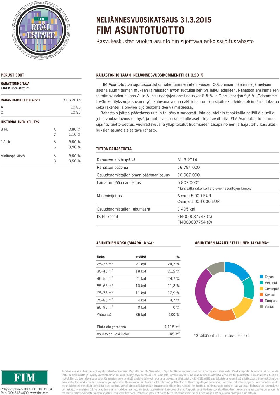 3.215 FIM Asuntotuoton sijoitusportfolion rakentaminen eteni vuoden 215 ensimmäisen neljänneksen aikana suunnitelman mukaan ja rahaston arvon suotuisa kehitys jatkui edelleen.