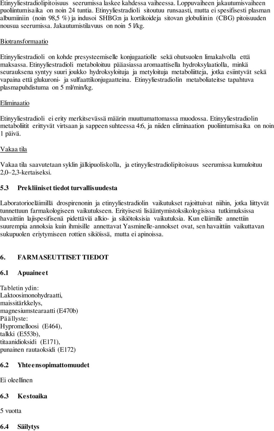 Jakautumistilavuus on noin 5 l/kg. Biotransformaatio Etinyyliestradioli on kohde presysteemiselle konjugaatiolle sekä ohutsuolen limakalvolla että maksassa.