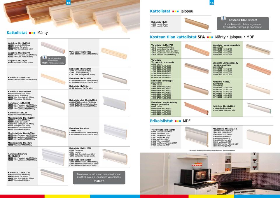 VM/EM Varjolista 16x19 jm 42052 VM/EM Kattolista 14x21x3300 42750-3300 Puuvalm. VM/EM Kattolista 14x40x2700 42200 Puuvalmis, EM 42201 Lakattu, EM 42202 Valk. Sormijatk.oks.