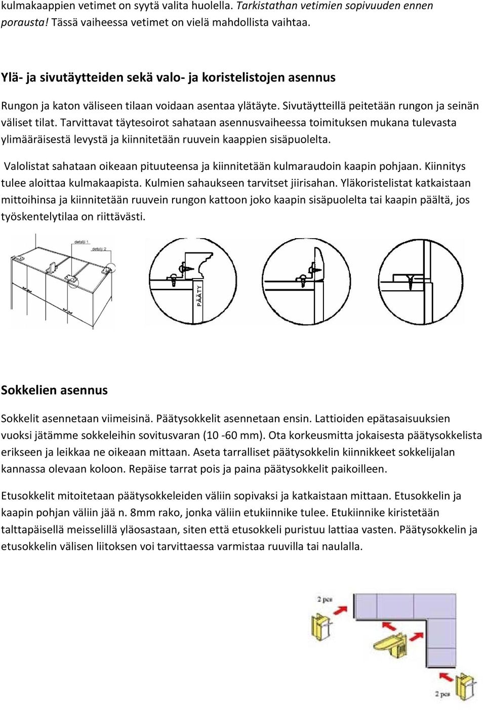 Tarvittavat täytesoirot sahataan asennusvaiheessa toimituksen mukana tulevasta ylimääräisestä levystä ja kiinnitetään ruuvein kaappien sisäpuolelta.