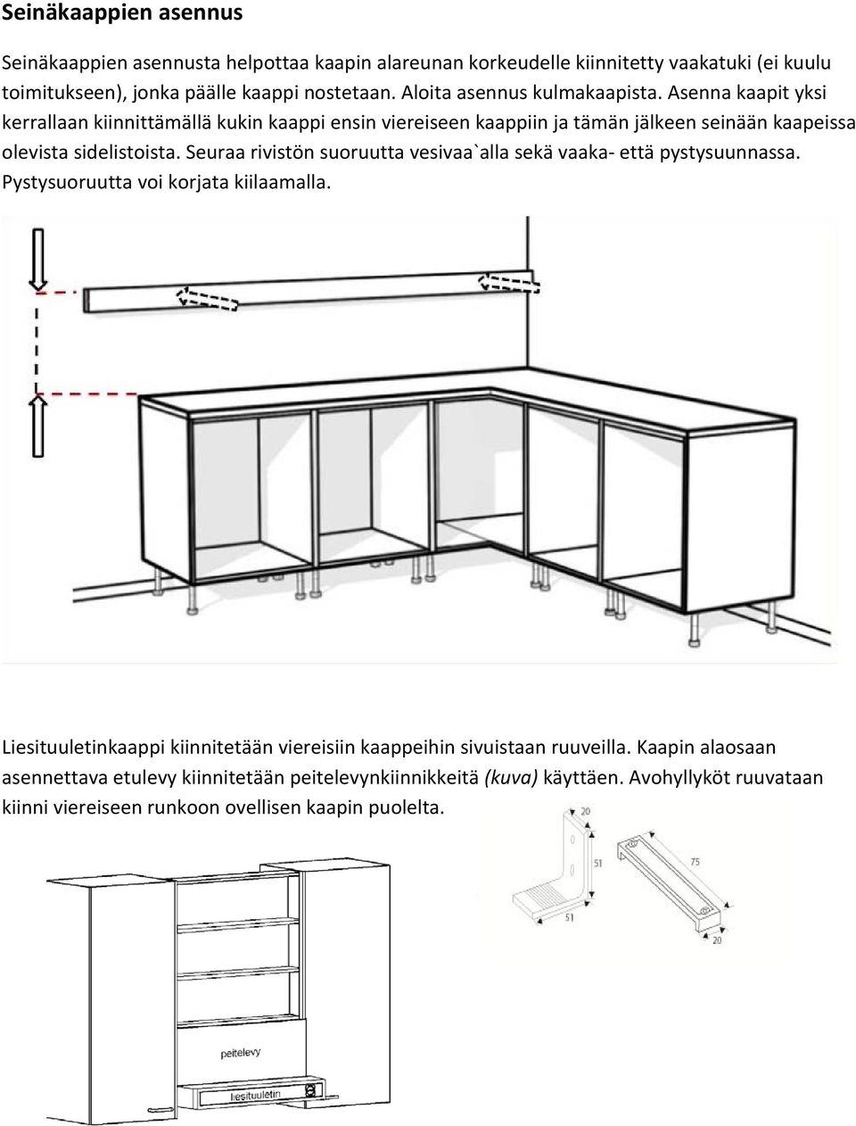 Seuraa rivistön suoruutta vesivaa`alla sekä vaaka että pystysuunnassa. Pystysuoruutta voi korjata kiilaamalla.