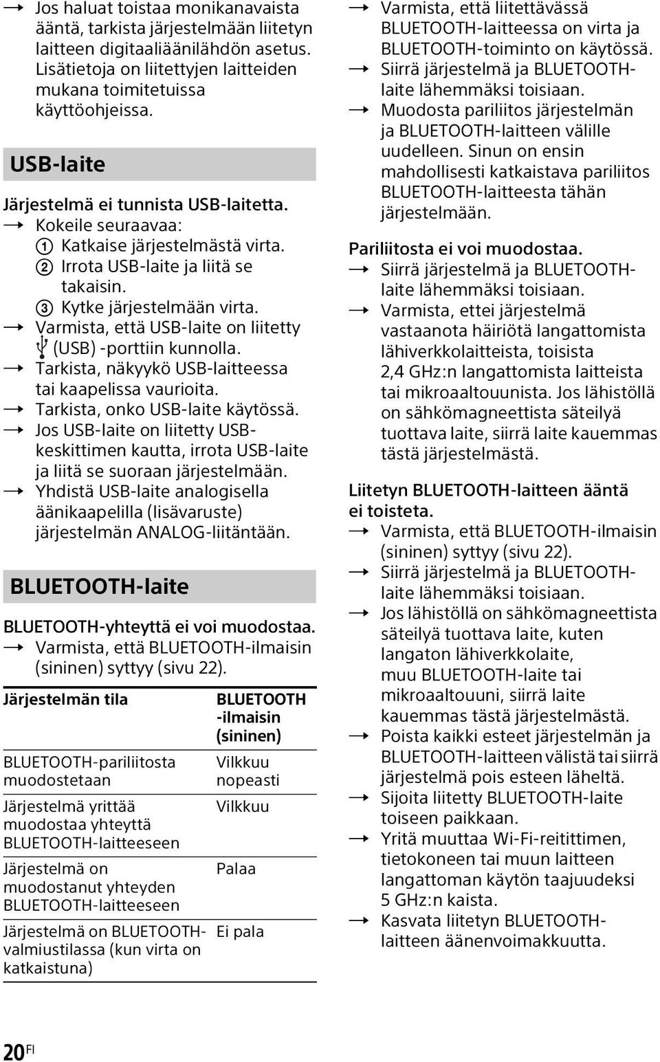 Varmista, että USB-laite on liitetty (USB) -porttiin kunnolla. Tarkista, näkyykö USB-laitteessa tai kaapelissa vaurioita. Tarkista, onko USB-laite käytössä.