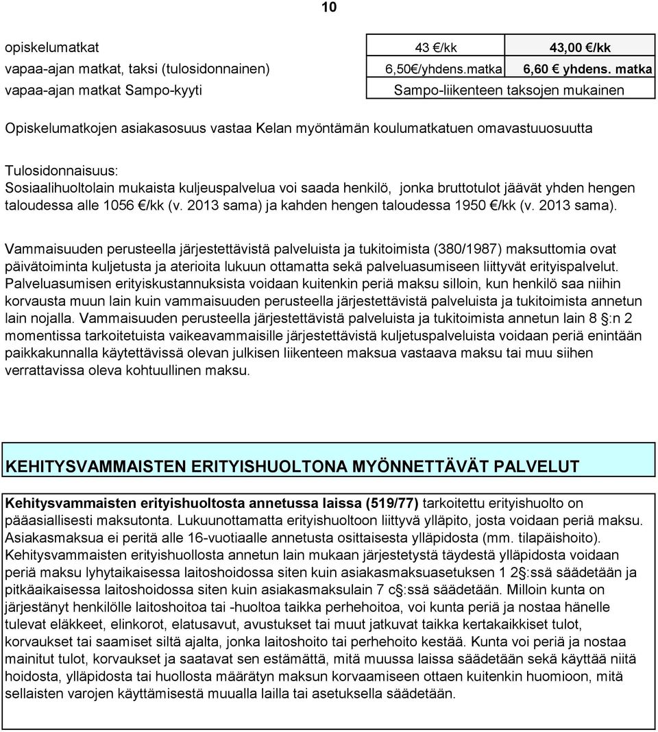 mukaista kuljeuspalvelua voi saada henkilö, jonka bruttotulot jäävät yhden hengen taloudessa alle 1056 /kk (v. 2013 sama) 