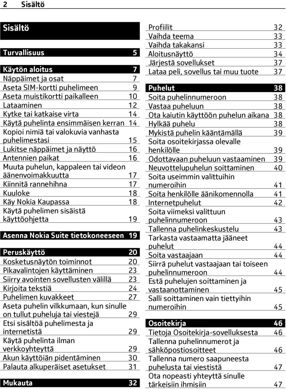 rannehihna 17 Kuuloke 18 Käy Nokia Kaupassa 18 Käytä puhelimen sisäistä käyttöohjetta 19 Asenna Nokia Suite tietokoneeseen 19 Peruskäyttö 20 Kosketusnäytön toiminnot 20 Pikavalintojen käyttäminen 23