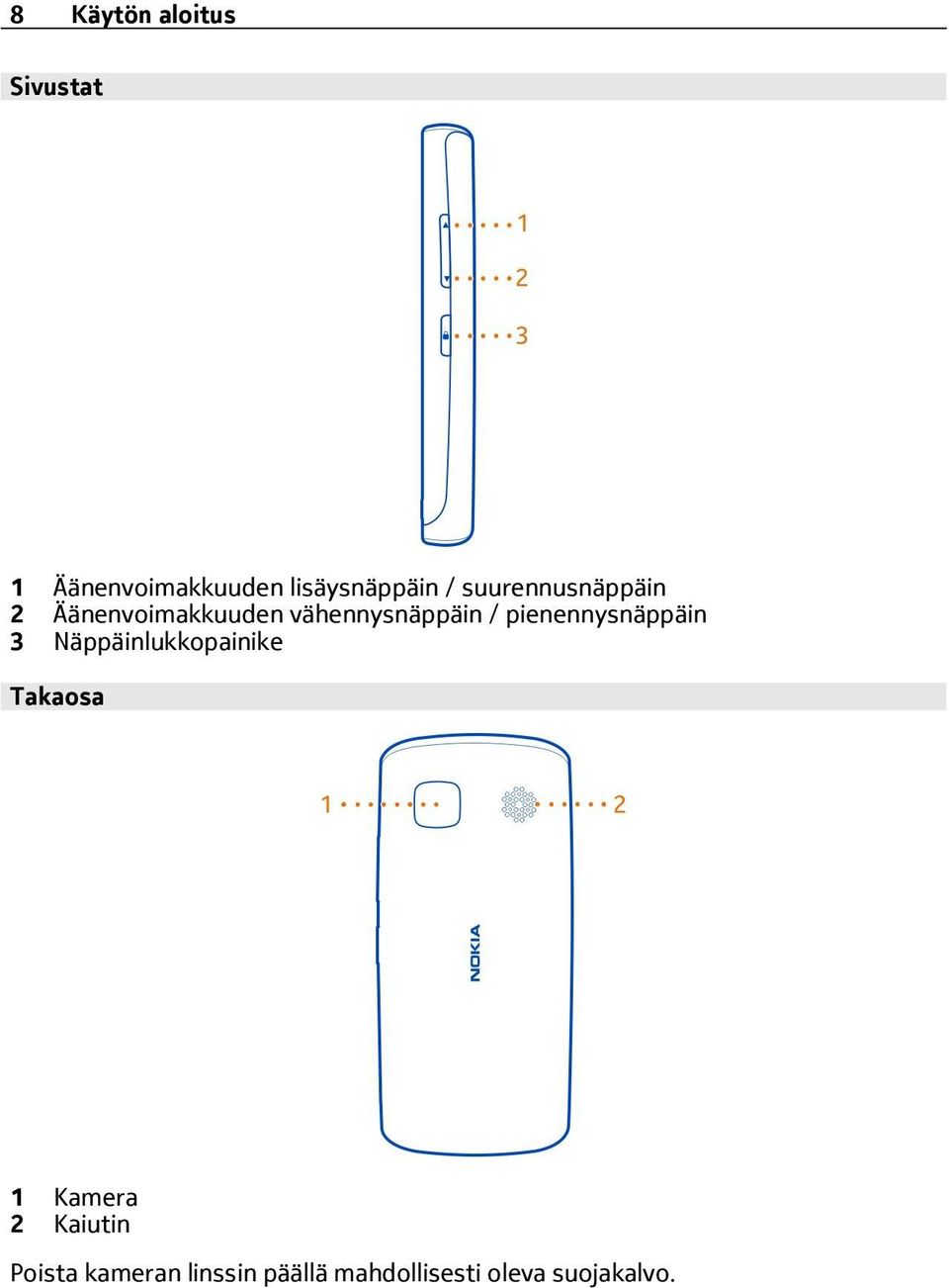 pienennysnäppäin 3 Näppäinlukkopainike Takaosa 1 Kamera 2