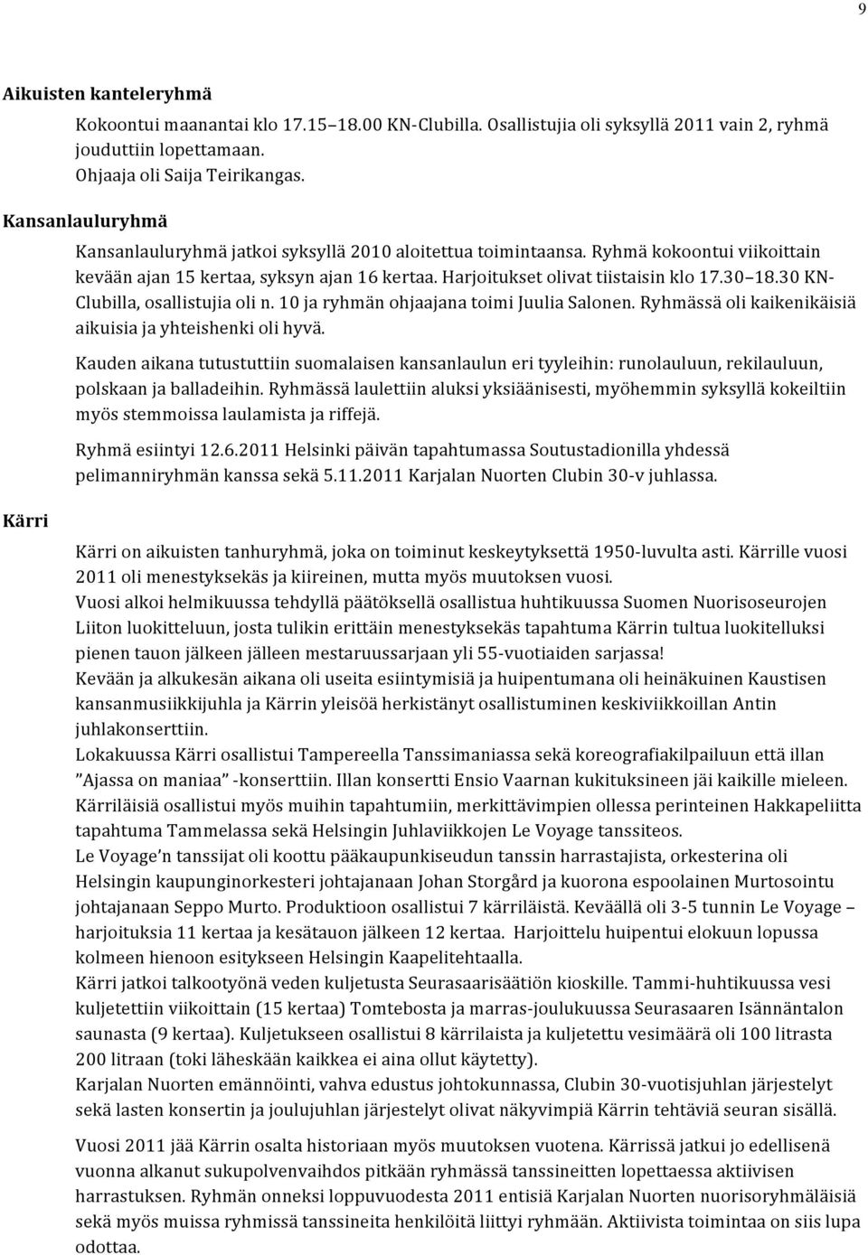 30 KN- Clubilla, osallistujia oli n. 10 ja ryhmän ohjaajana toimi Juulia Salonen. Ryhmässä oli kaikenikäisiä aikuisia ja yhteishenki oli hyvä.