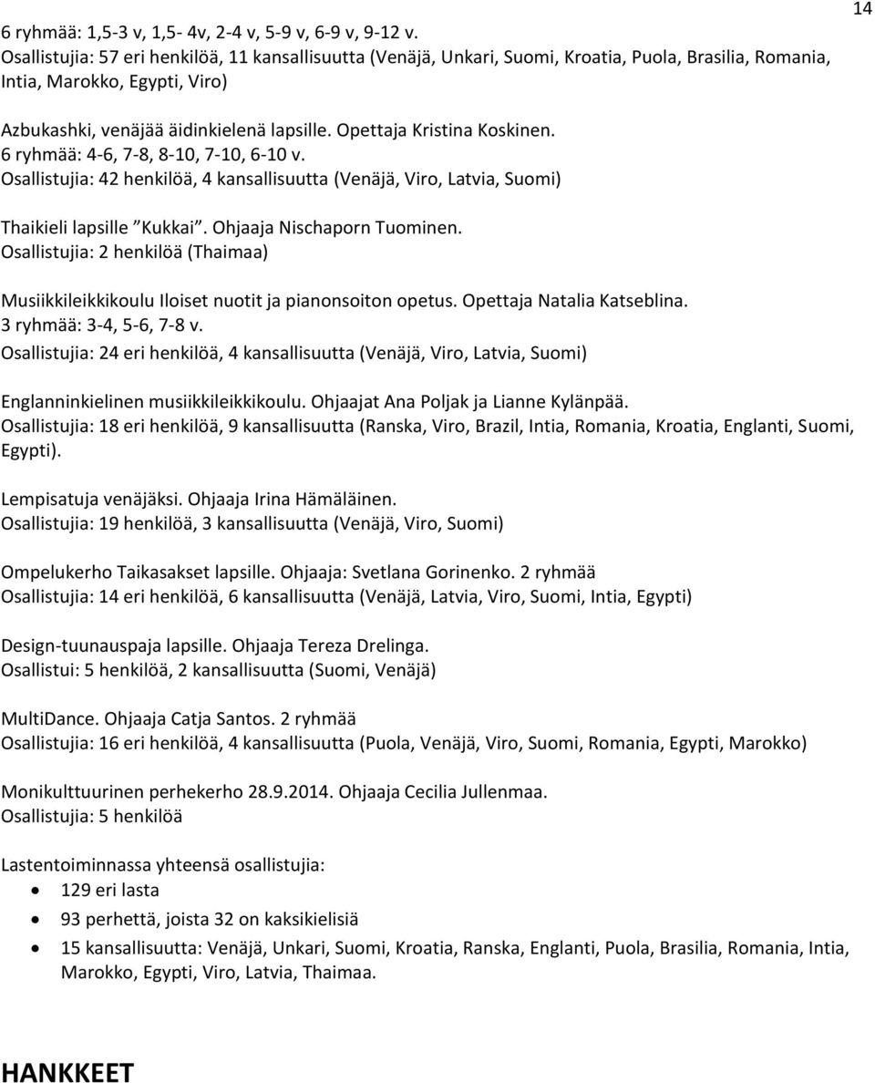 Opettaja Kristina Koskinen. 6 ryhmää: 4-6, 7-8, 8-10, 7-10, 6-10 v. Osallistujia: 42 henkilöä, 4 kansallisuutta (Venäjä, Viro, Latvia, Suomi) Thaikieli lapsille Kukkai. Ohjaaja Nischaporn Tuominen.