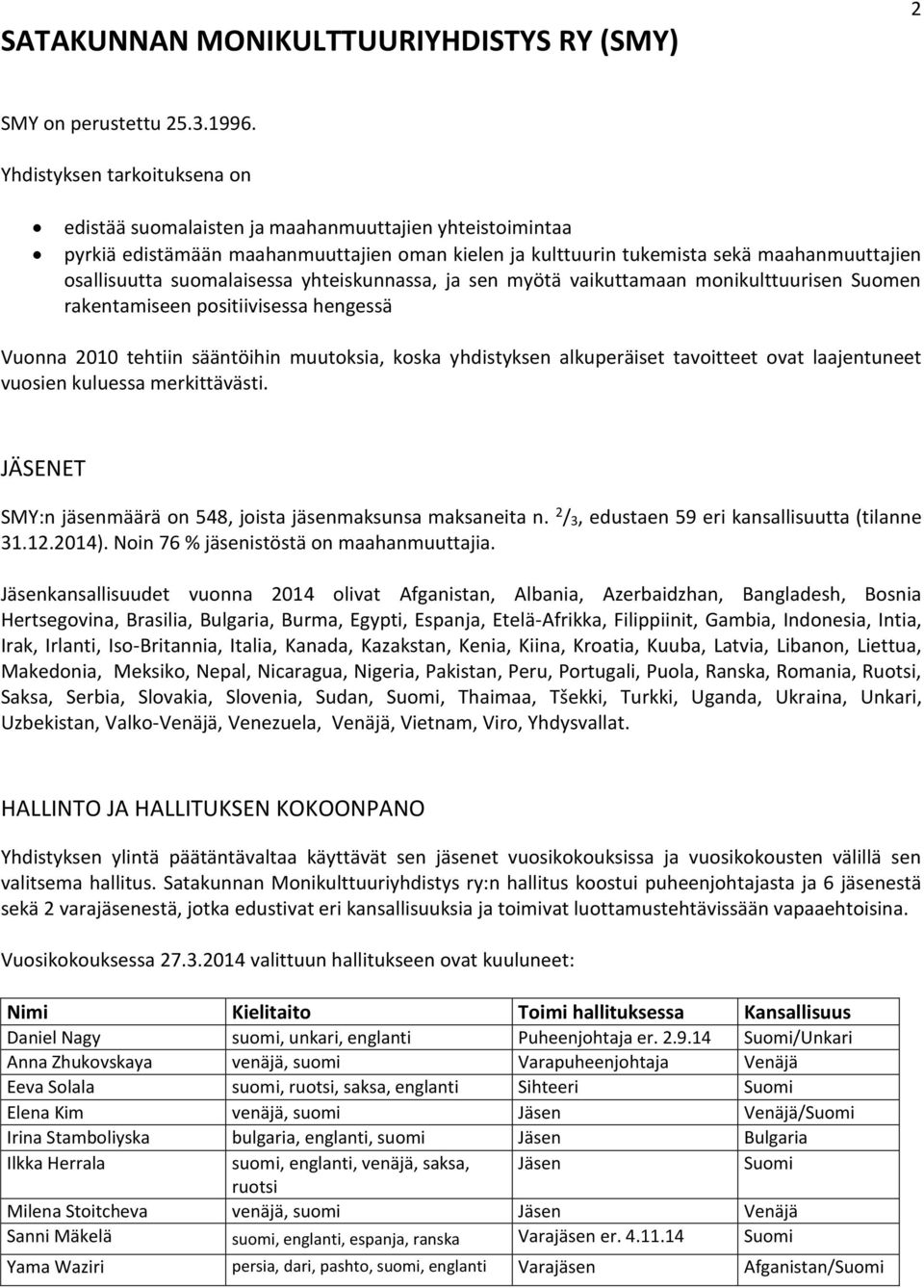 suomalaisessa yhteiskunnassa, ja sen myötä vaikuttamaan monikulttuurisen Suomen rakentamiseen positiivisessa hengessä Vuonna 2010 tehtiin sääntöihin muutoksia, koska yhdistyksen alkuperäiset